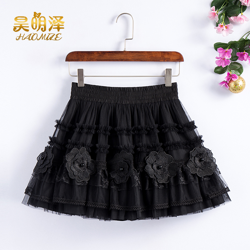 洋装蓬蓬短裙2025春夏新款黑色网纱仙女裙蕾丝绣花朵蛋糕裙半身裙