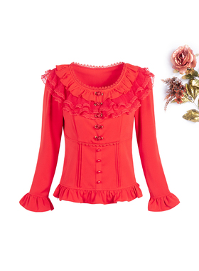 ing超火热的红色上衣 2025春新款甜美圆领蕾丝花边长袖修身衬衫女