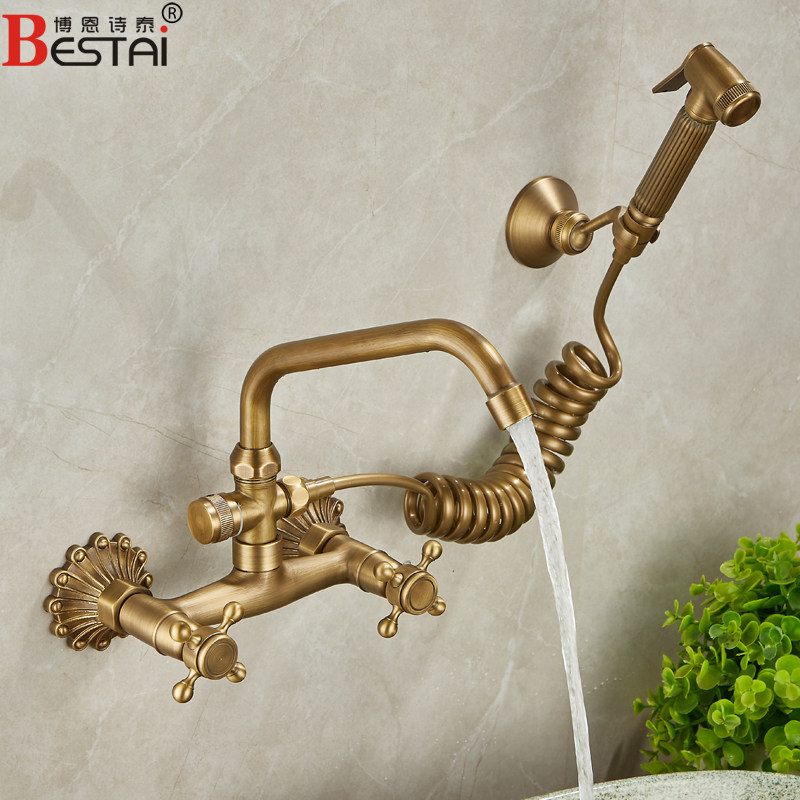 欧式全铜仿古入墙龙头洗脸盆双把双孔可旋转挂墙式复古冷热水龙头