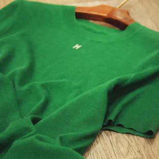 天丝精纺羊毛短袖女超薄针织橘色宽松中袖小众刺绣微透高级感上衣