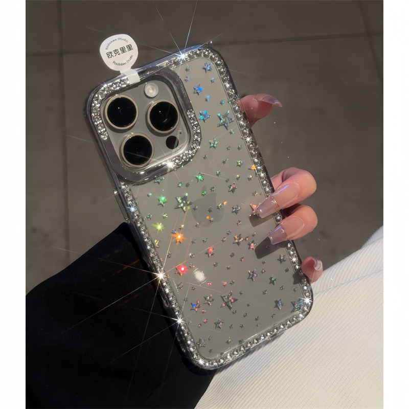 水钻简约闪粉星星适用苹果16promax手机壳iphone15promax透明14新款高级感13/14硬壳软边12大孔11防摔保护壳