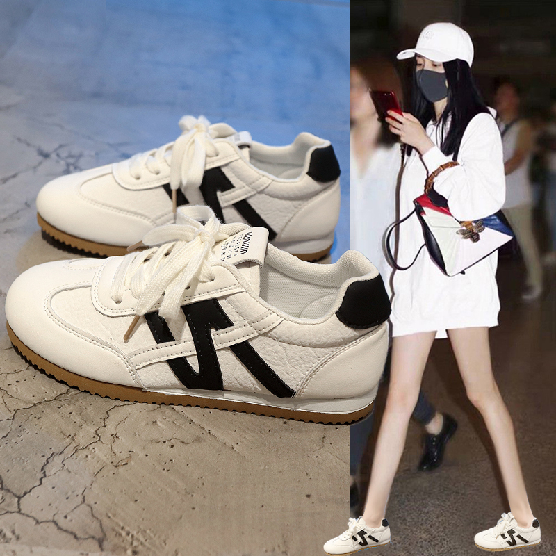 真皮复古德训鞋女2025新款夏季女士透气阿甘鞋平底休闲运动小白鞋