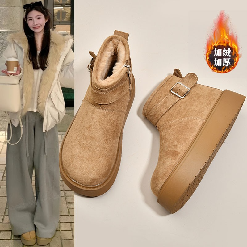 厚底加绒勃肯鞋雪地靴女2025冬季新款短靴保暖东北面包马丁靴棉鞋