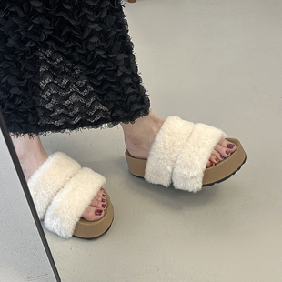 一字半拖鞋 厚底增高毛毛拖鞋 加绒保暖棉拖鞋 女外穿2025新款 夏秋季