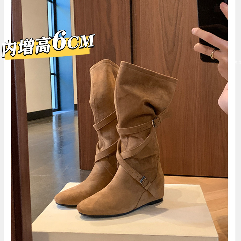 美拉德尖头褶皱堆堆靴子女2025新款秋冬爆款废土风高筒中筒长筒靴