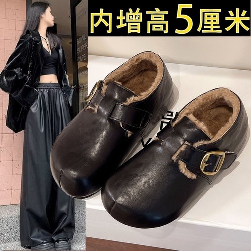 厚底加绒勃肯鞋皮面毛毛棉鞋女鞋2025新款冬季雪地靴豆豆鞋小皮鞋