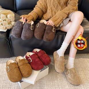 厚底内增高勃肯鞋加绒保暖毛毛拖鞋女外穿2025新款冬季包头半拖鞋