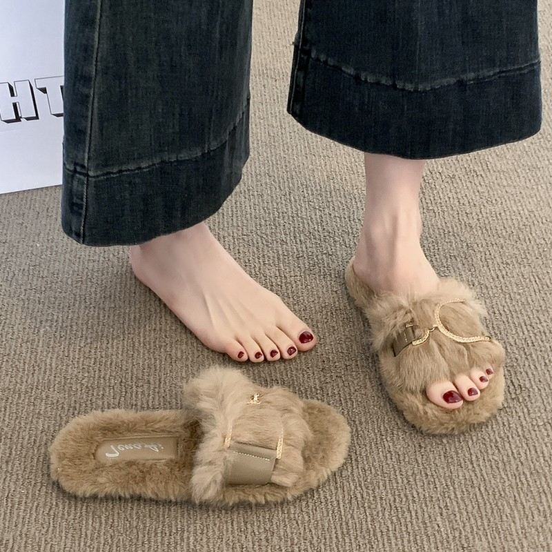 平底毛毛拖鞋女外穿2025新款秋冬季法式一字拖百搭网红外出棉拖鞋