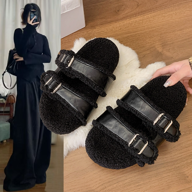 厚底增高勃肯毛毛拖鞋女外穿2025新款秋冬爆款网红毛绒一字棉拖鞋