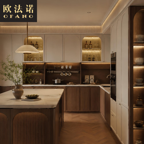 全屋定制中古风橱柜厨房岛台吊柜别墅全屋空间定制工厂定做
