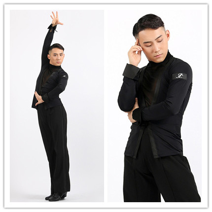 佳成舞服JC拉丁练习服男士鸡心型高领上衣长袖镂空拼接 285