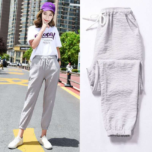 Summer new ins pants female students Korean loose sports pants show thin Harun pants nine point casual pants thin