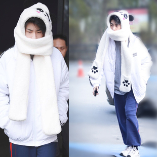 冬季加厚保暖可爱熊猫帽子围巾手套一体王琳凯小鬼同款一体帽男女