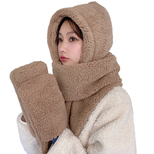 亲子款 韩版冬季女士围脖可爱双层加厚保暖毛绒围巾帽子手套一体