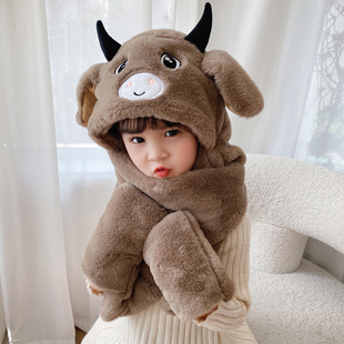 冬季加厚可爱牛耳朵会动帽子围巾手套亲子儿童护耳帽围脖三件一体