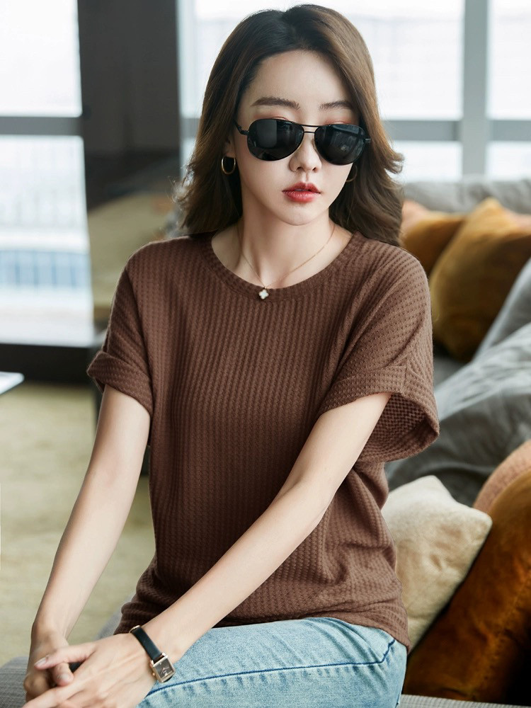华夫格宽松短袖t恤女2024新款夏季蝙蝠袖大码休闲半袖体恤上衣潮
