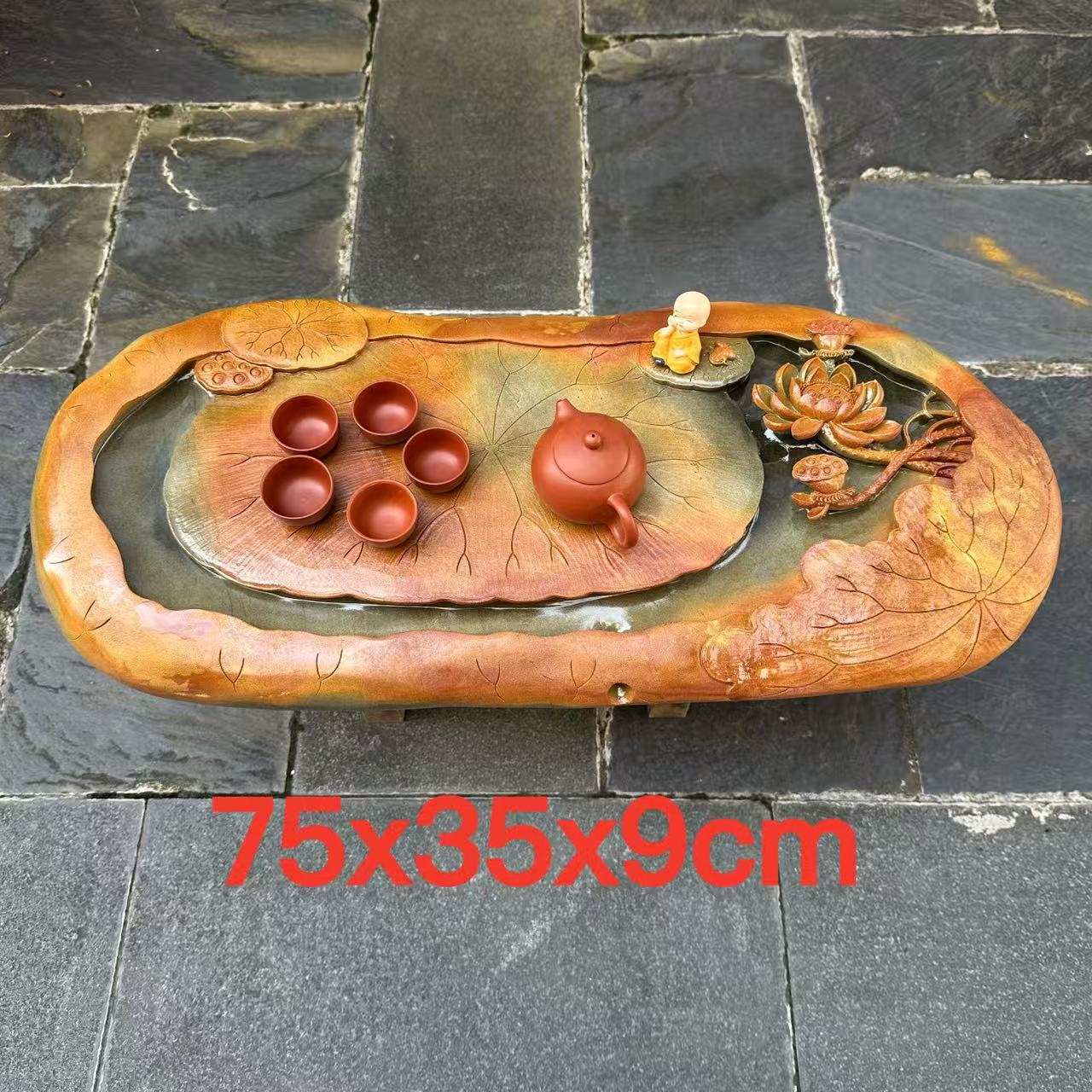 端石茶盘肇庆绿端名师创意精雕荷花高档户外室内茶台茶海客厅精品