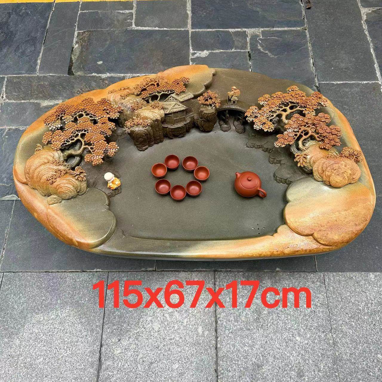 端砚茶盘天然绿端名师精雕山水百年茶台客厅办公室庭院摆件精品