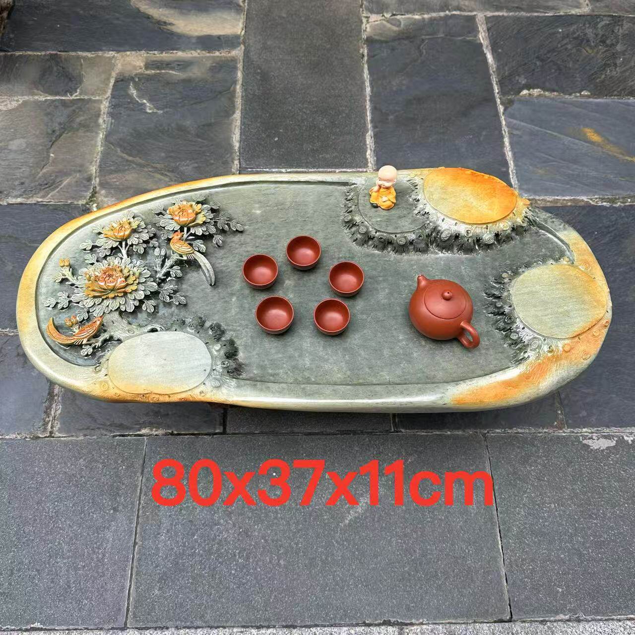 端石茶盘肇庆绿端名师创意精雕高档牡丹花茶台茶海客厅茶室精品