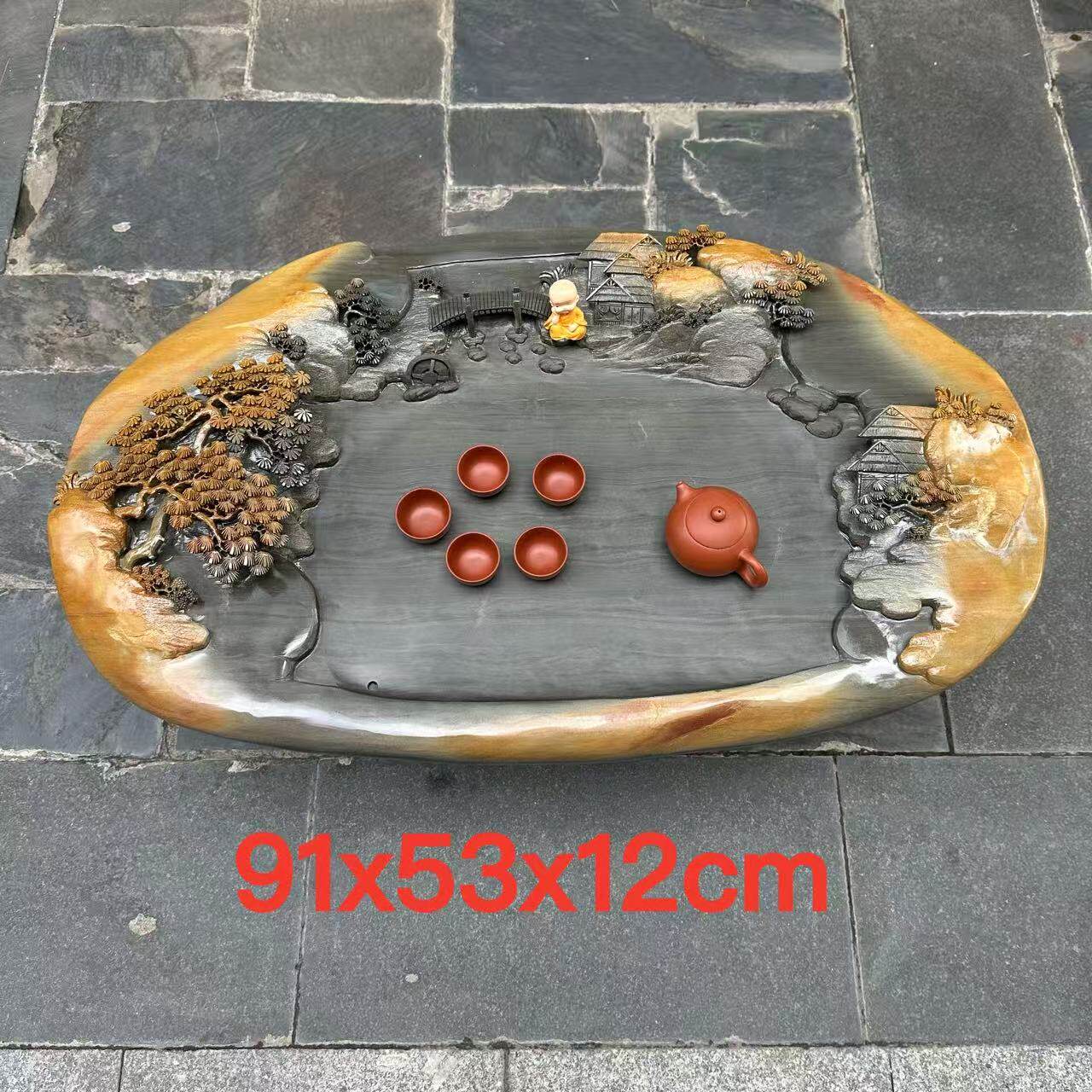 端石茶盘绿端金包玉茶台茶海客厅茶桌室内户外百年茶几名师精雕