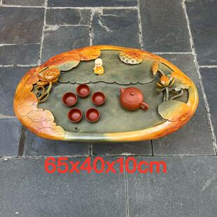 端石茶盘肇庆绿端名师创意精雕高档荷花户外室内茶台茶海客厅精品