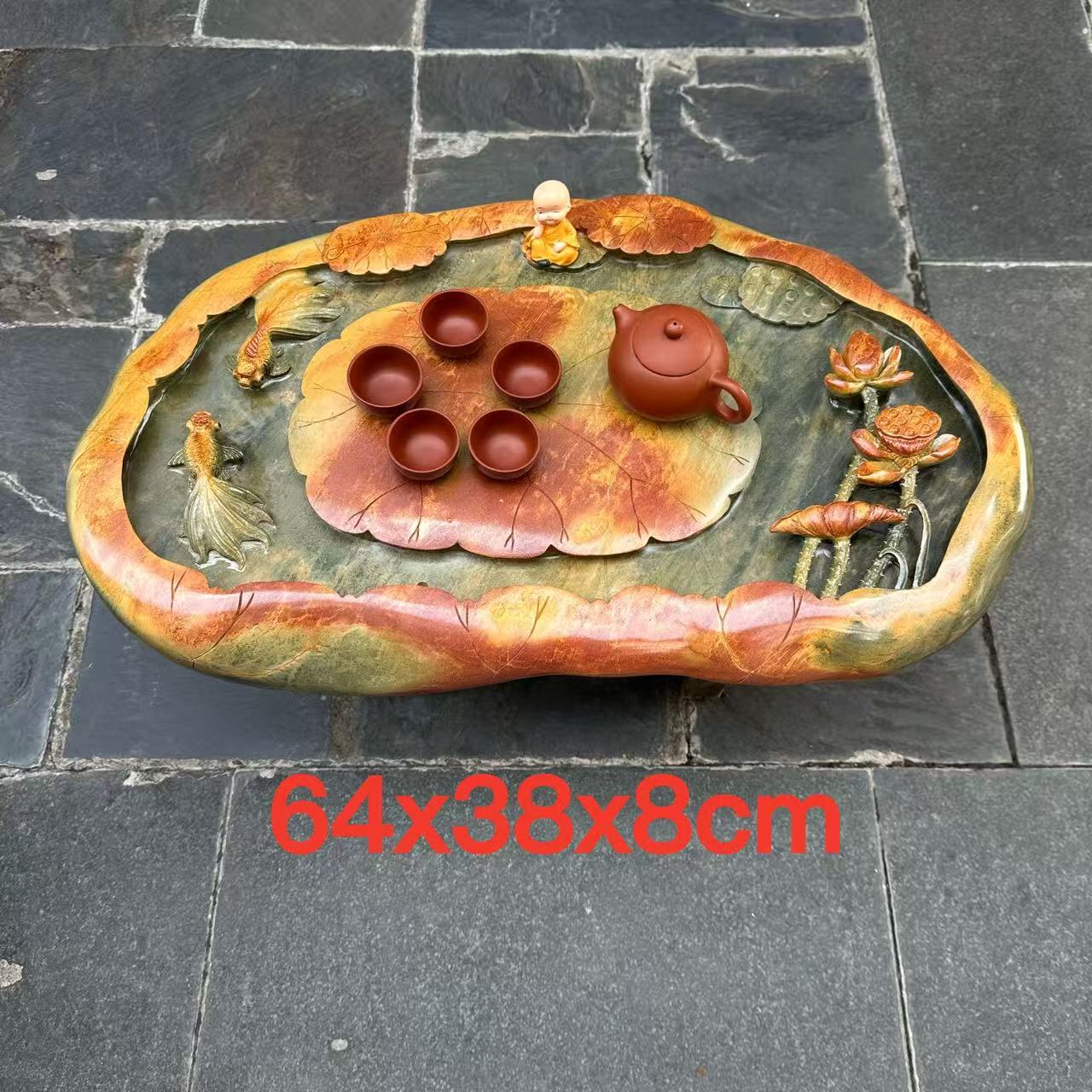 厂家端石茶盘绿端荷花鱼家用办公室高档送礼茶桌茶台茶几茶海精品