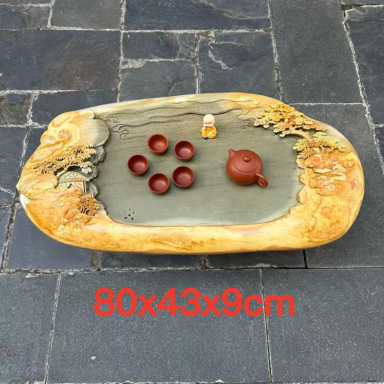 端石茶盘肇庆绿端金包玉高档大气仿古百年家用客厅山水茶台茶海