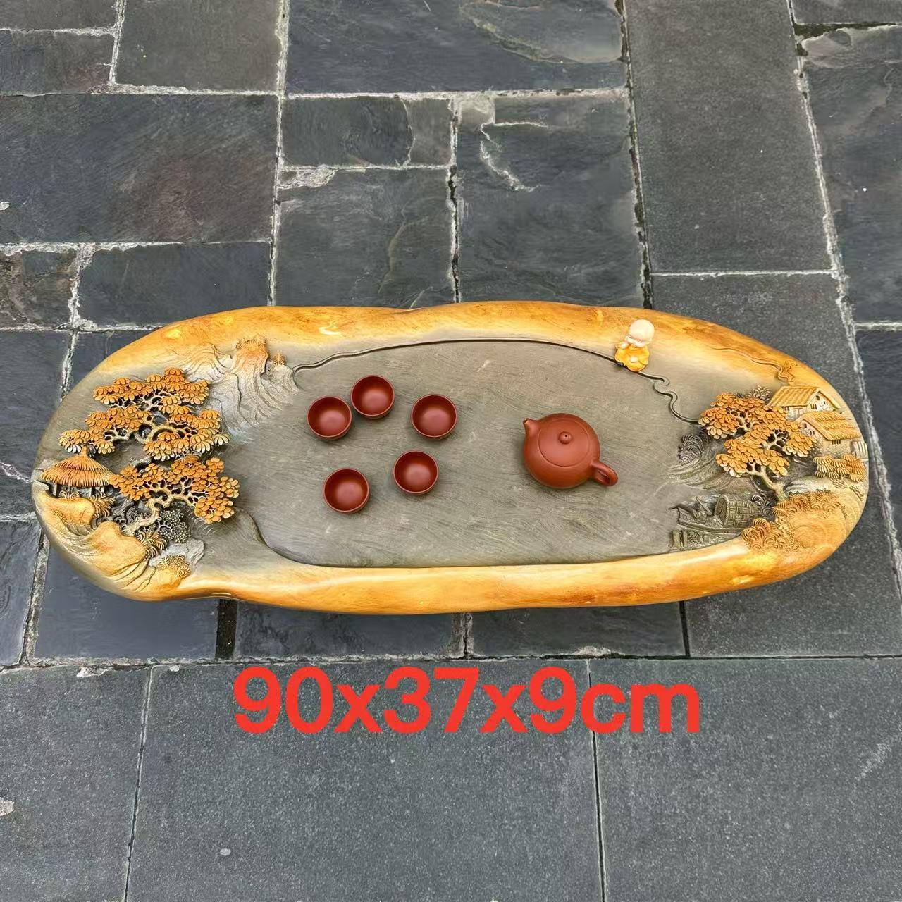 厂家端石茶盘绿端名师精雕山水客厅高档复古摆件茶台茶几茶海精品