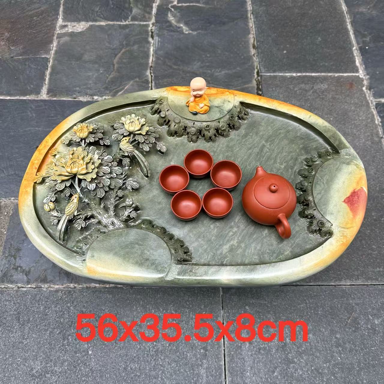 肇庆厂家端石茶盘绿端新中式家用茶台茶托功夫茶名师精雕牡丹精品