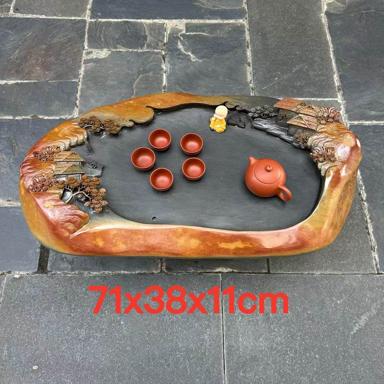 端石茶盘肇庆绿端紫端梅花手工雕刻山水茶台茶海客厅茶桌带排水式