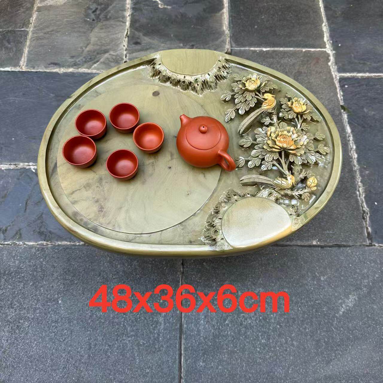 端石茶盘厂家肇庆绿端名师创意精雕牡丹花高档茶台茶海客厅精品