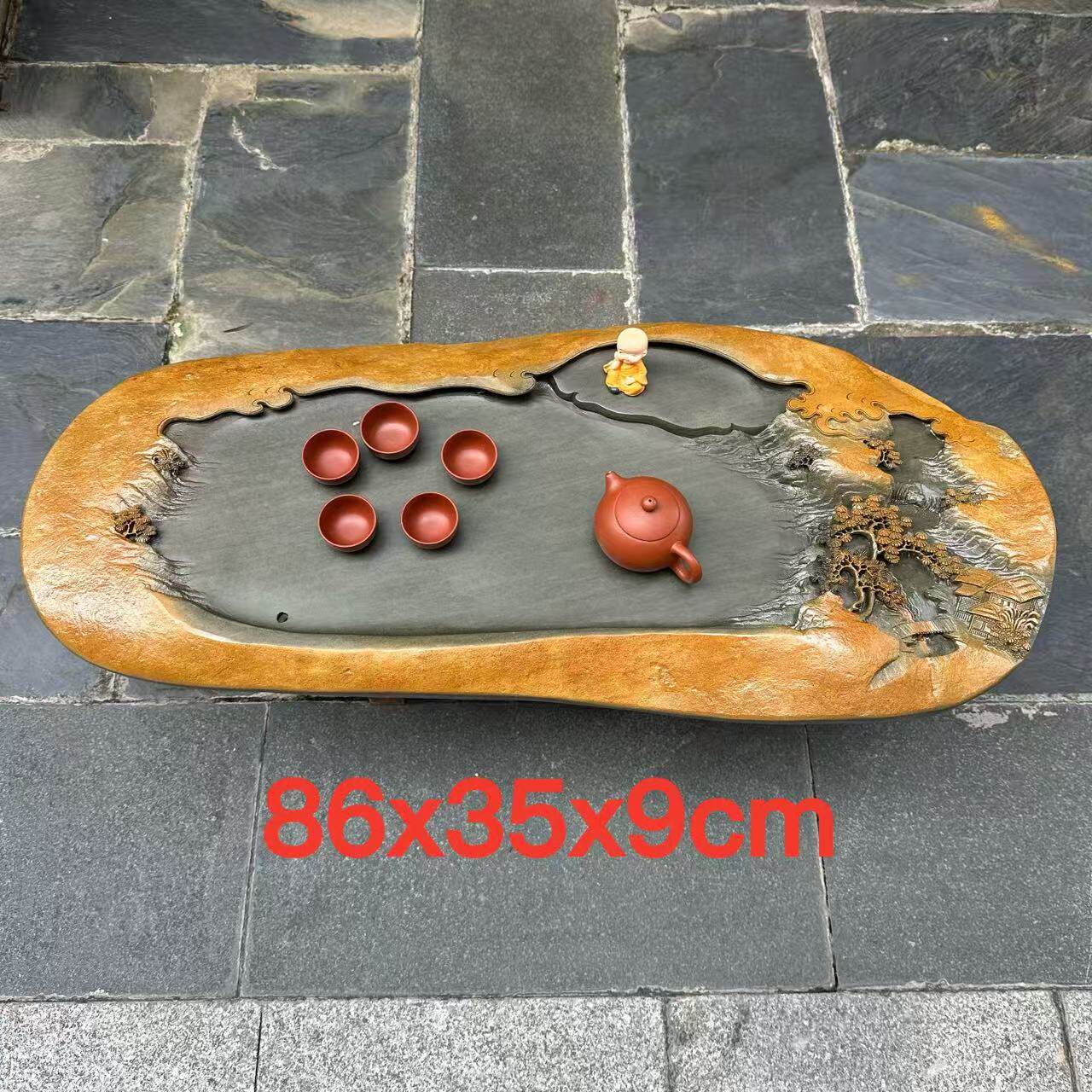 端石茶盘肇庆绿端名师创意精雕高档山水户外室内茶台茶海客厅精品