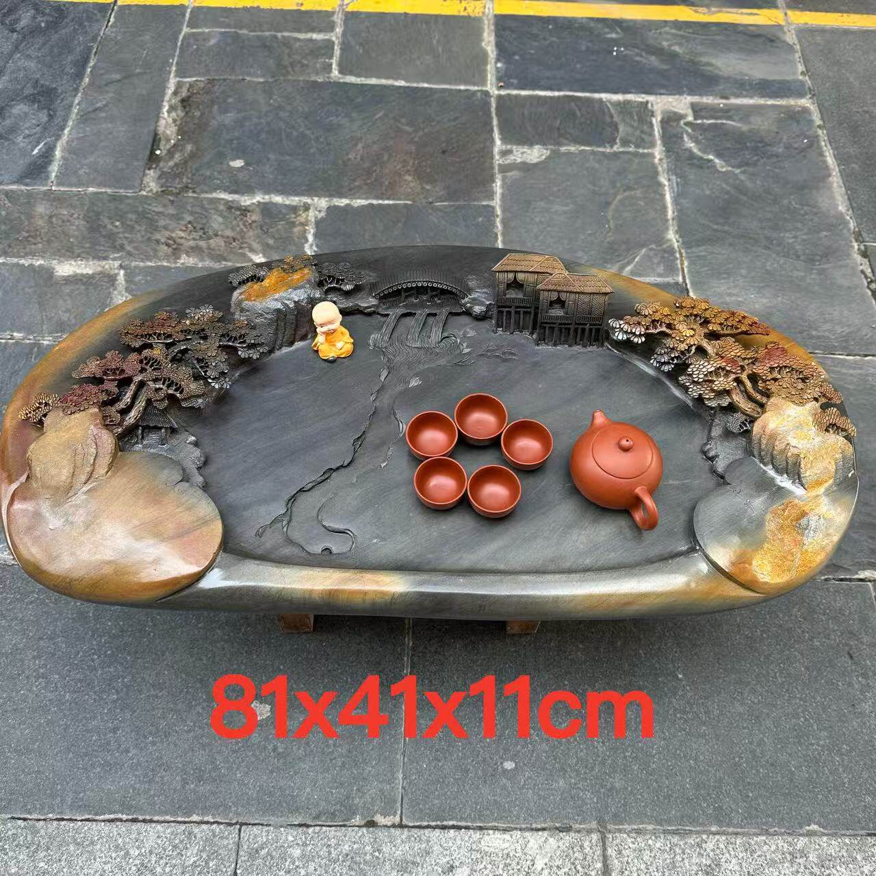 肇庆厂家端石茶盘绿端原石创意精雕山水家用客厅一体功夫茶台茶海