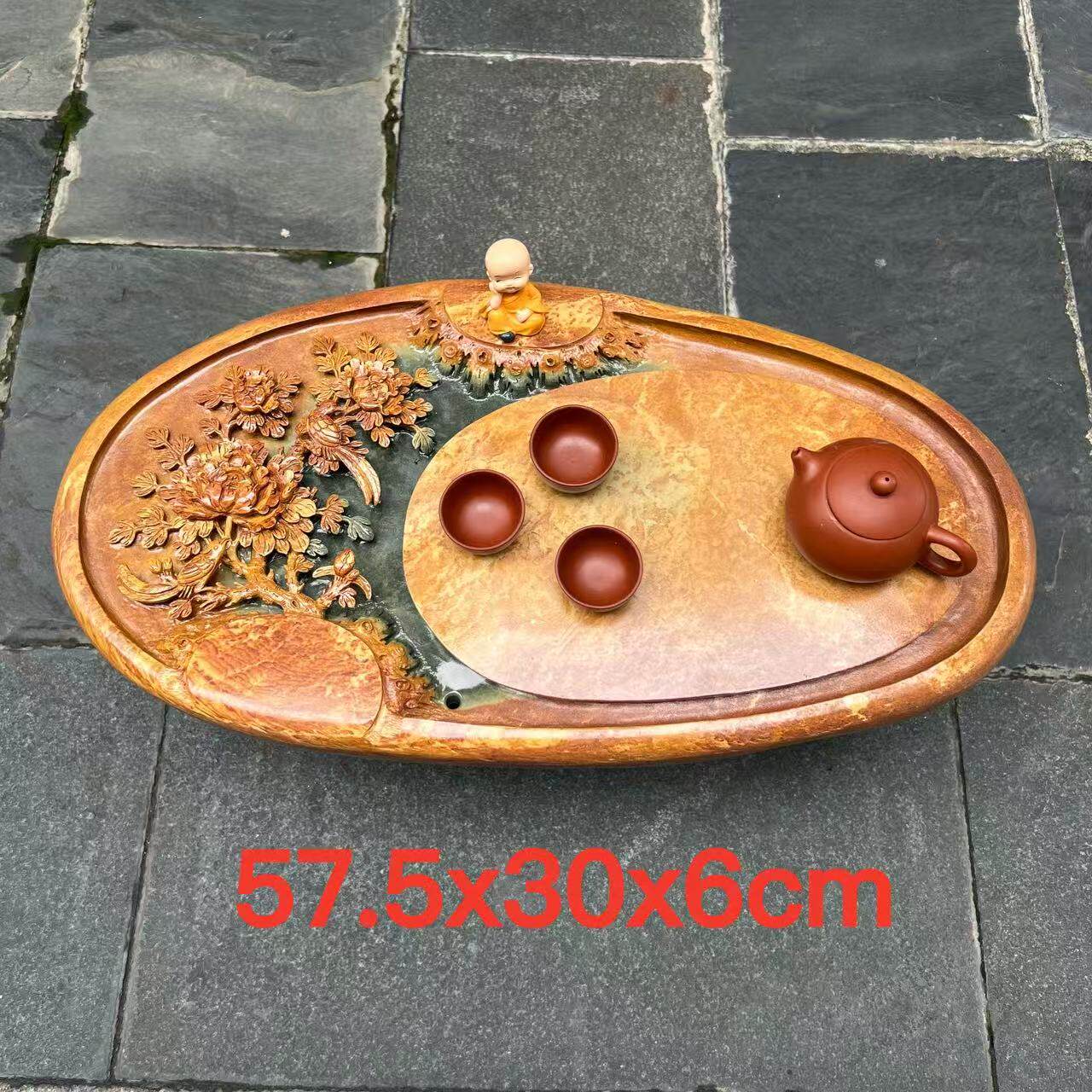 端石茶盘厂家精品绿端名师精雕牡丹花茶台茶海干湿分离客厅摆件