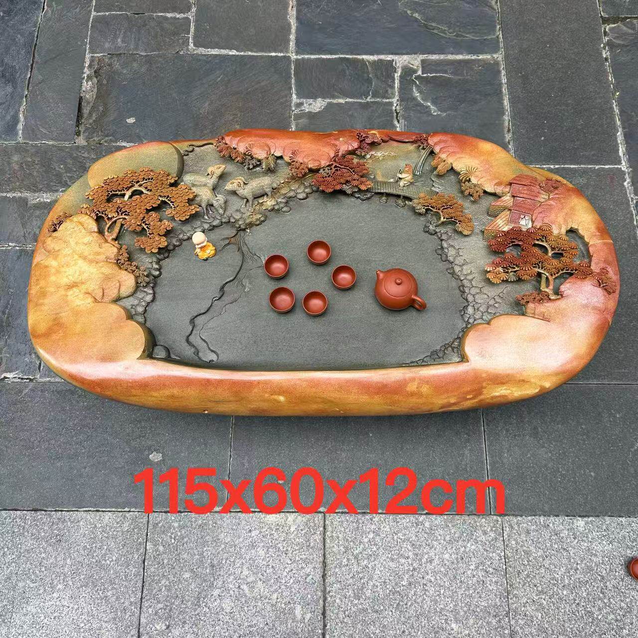 肇庆厂家端石茶盘天然绿端大号精雕百年高档家用茶室功夫茶台茶海