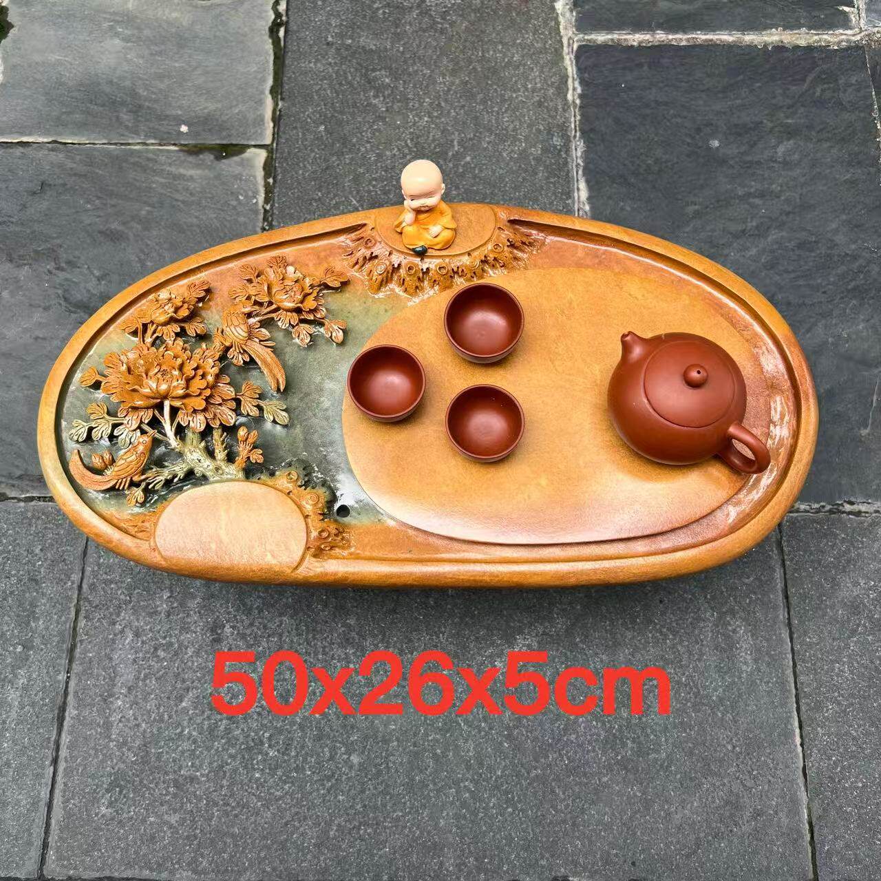 端石茶盘肇庆精品绿端名师精雕牡丹花茶台茶海干湿分离客厅摆件