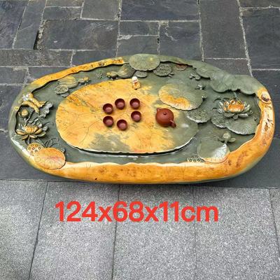 端砚茶盘天然原石名师精雕荷花图客厅办公室茶桌摆件禅意复古风