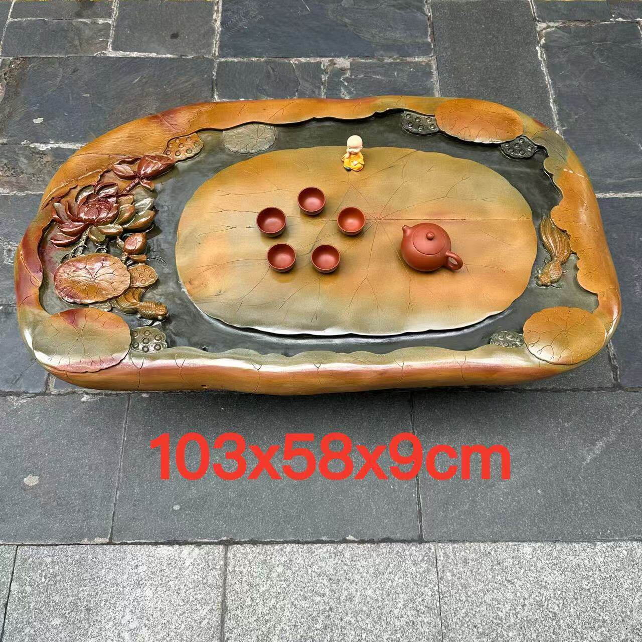 肇庆厂家端砚茶盘绿端金包玉家用客厅茶桌摆件茶台茶海精雕荷花