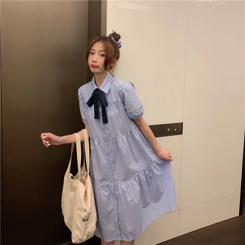 Real price! Bow tie tie blue shirt mid length Baby Dress