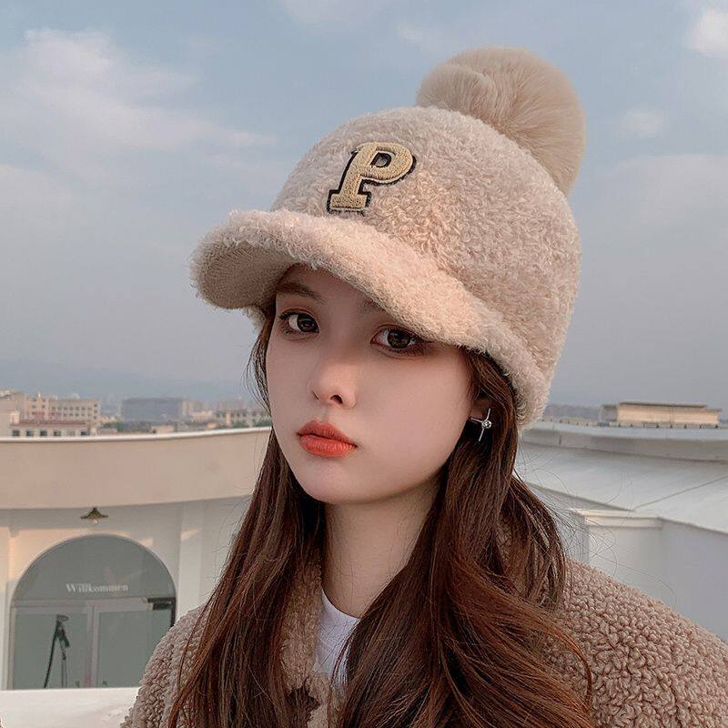 2023帽子女冬款P字母羊羔毛帽子