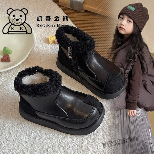 冬季儿童短靴羊羔毛靴口侧拉链防滑软底女宝宝加绒棉靴子时尚女孩