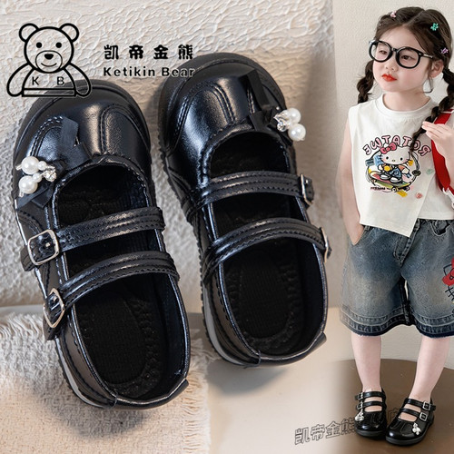 女童小皮鞋黑色时尚休闲2026新款软底鞋子儿童防滑珍珠蝴蝶结公主