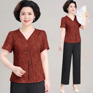 妈大妈装9669980夏装新款中国风短袖上衣中女老年装夏季端庄式气