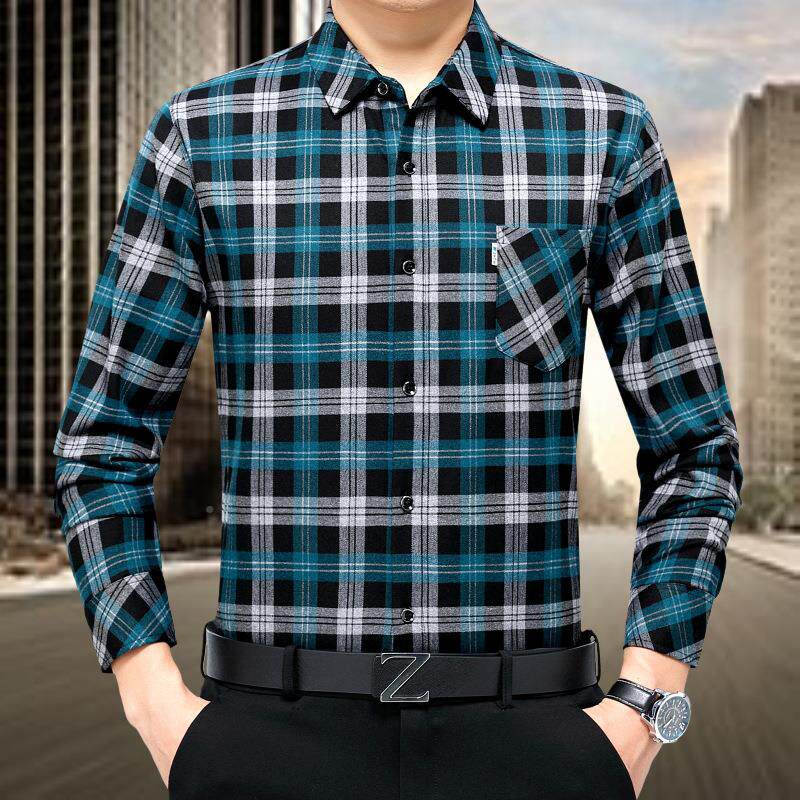 长袖衬衫男式格子休中年翻领爸爸装闲口袋羊绒5513-T衬秋衣真男装