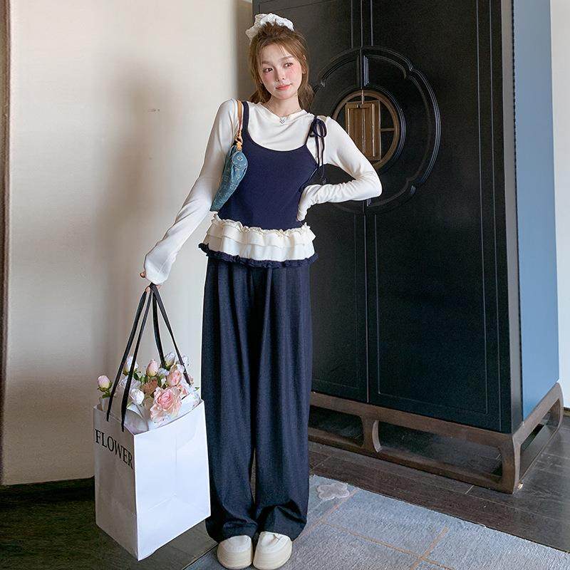 时尚休衣闲套装春季新款复古假两XZ126-02边件花上腿阔裤两件套,女装/女士精品,时尚套装,淘宝优惠券,粉丝福利购,淘宝优惠卷