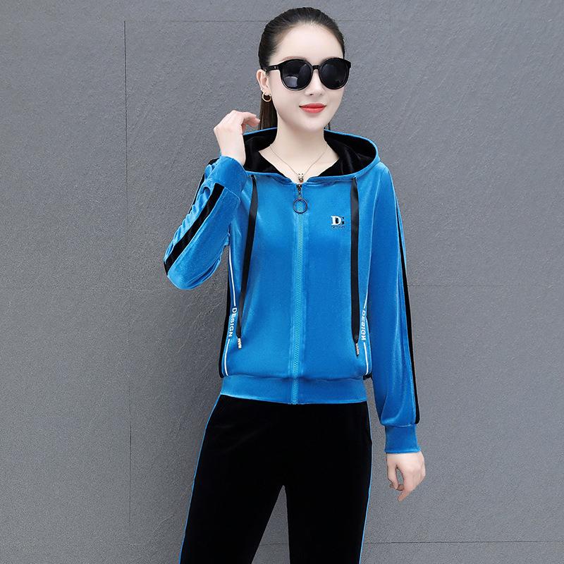 金丝绒套装女运秋新款时尚大码宽20-5176松连帽闲休服动春卫衣两
