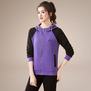 开衫卫衣外套女春衣装新款拼色跑步秋休ELU闲服宽松显上瘦连帽拉