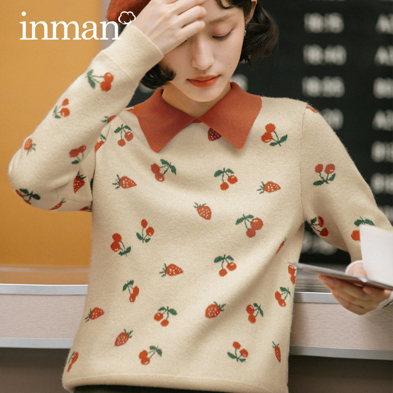茵曼旗舰店2020冬装新款复古文艺樱桃草莓提花套头毛衣减龄针织衫