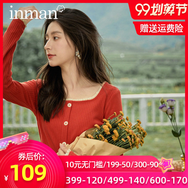 茵曼长袖T恤女2020秋装新款法式设计感露锁骨心机打底衫针织上衣