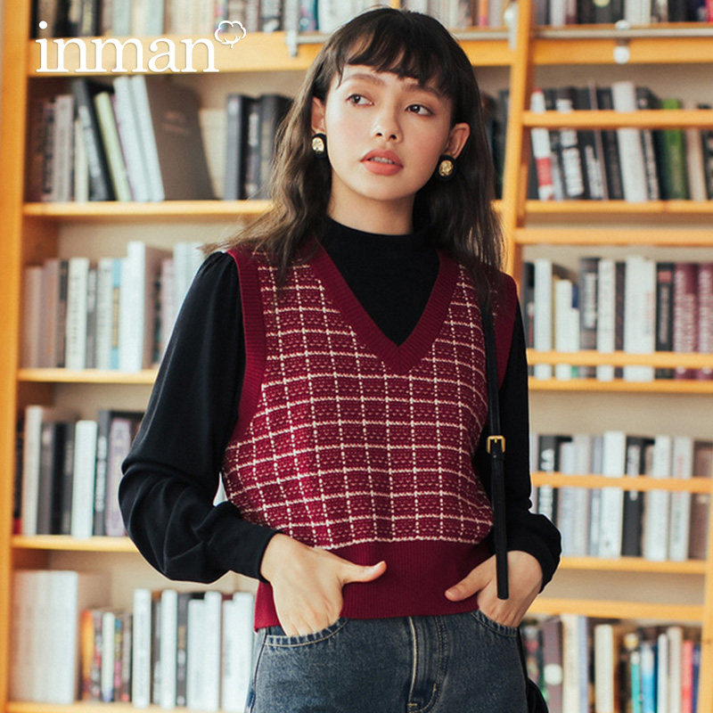 茵曼毛衣背心外穿格子短款马甲2020秋装新款V领无袖针织上衣坎肩